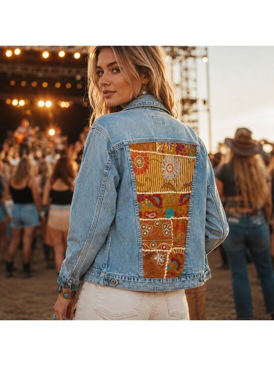 Lucky Brand Jackets & Blazers - Boho Country Patchwork Denim Jacket Women Sz L Concert Trucker Western Rare